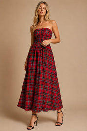 Holly Strapless Tartan Plaid Ruched Midi Dress - Westly