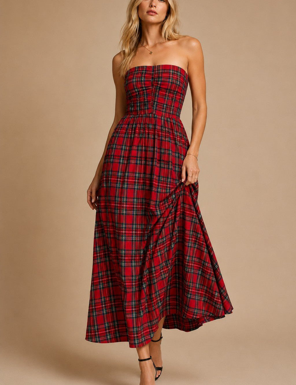 Holly Strapless Tartan Plaid Ruched Midi Dress - Westly