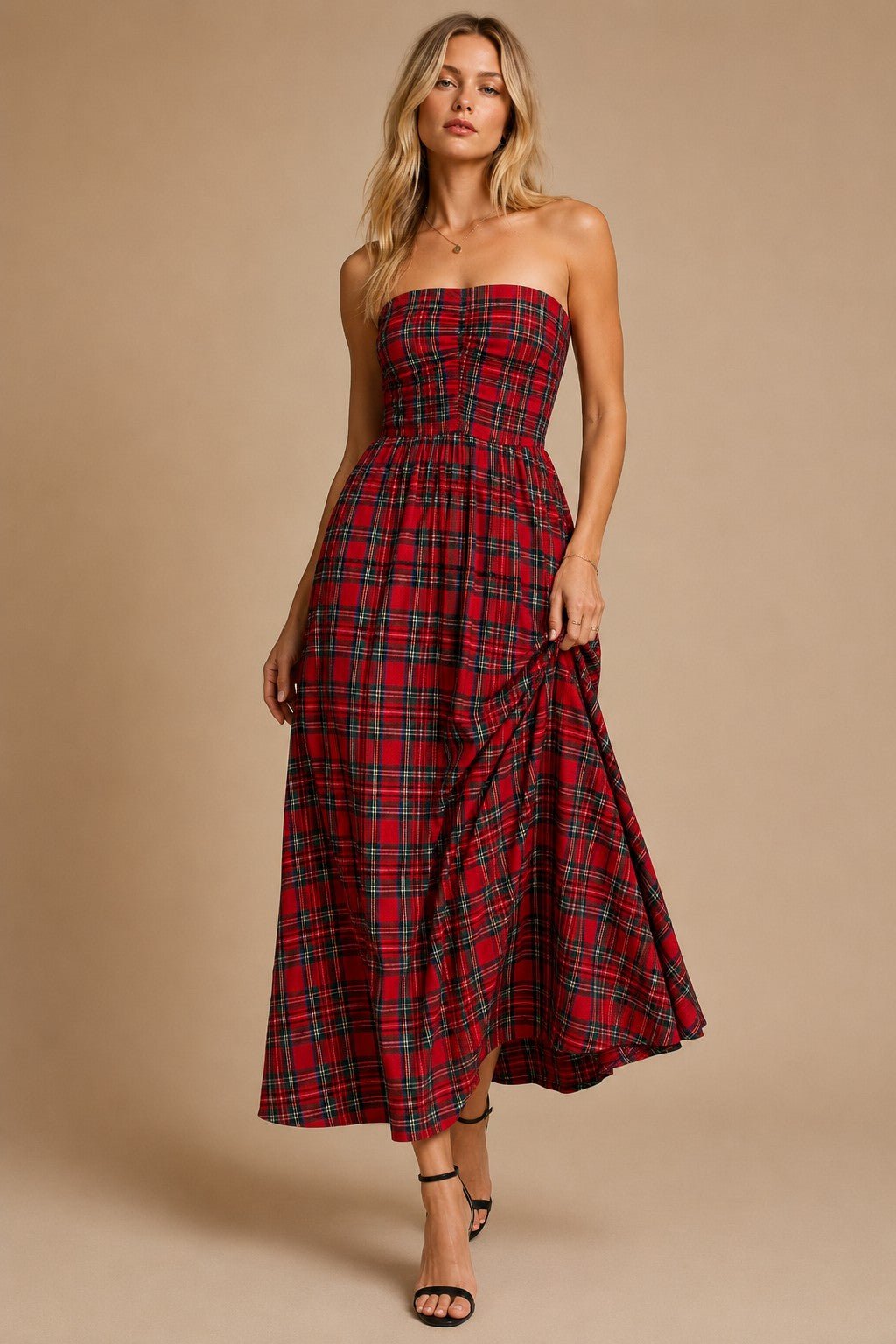 Holly Strapless Tartan Plaid Ruched Midi Dress - Westly
