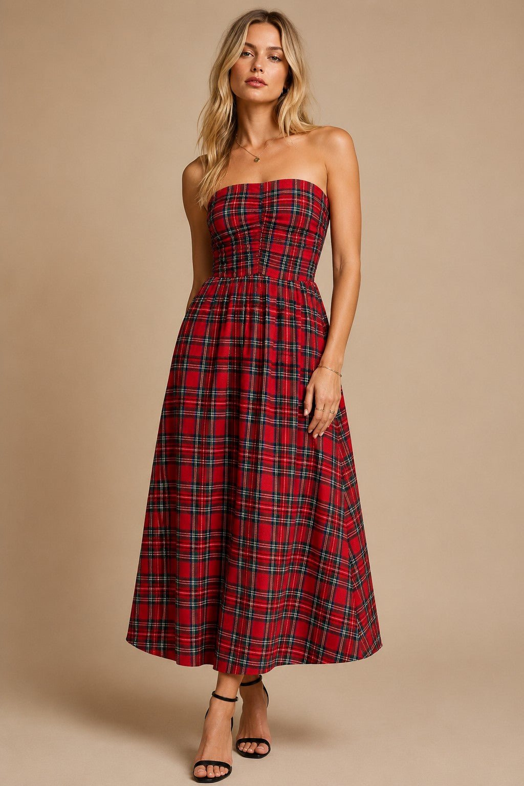 Holly Strapless Tartan Plaid Ruched Midi Dress - Westly