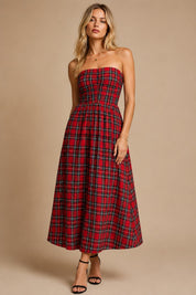 Holly Strapless Tartan Plaid Ruched Midi Dress - Westly