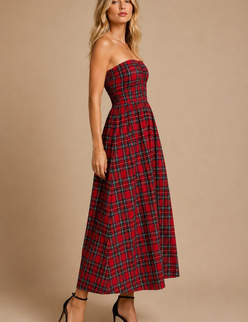 Holly Strapless Tartan Plaid Ruched Midi Dress - Westly