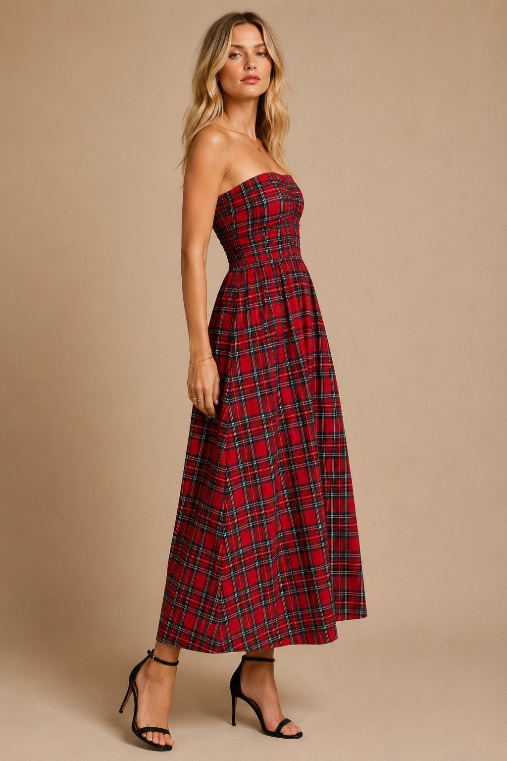 Holly Strapless Tartan Plaid Ruched Midi Dress - Westly