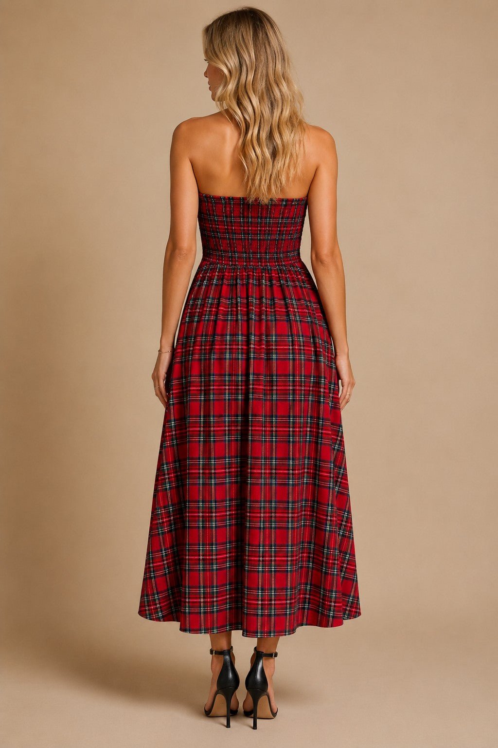 Holly Strapless Tartan Plaid Ruched Midi Dress - Westly