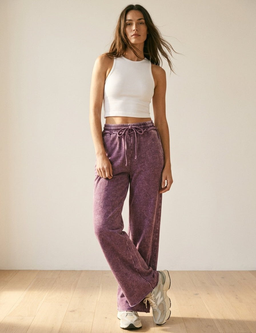 Homebody Acid Wash Fleece Palazzo Sweatpants - Westly