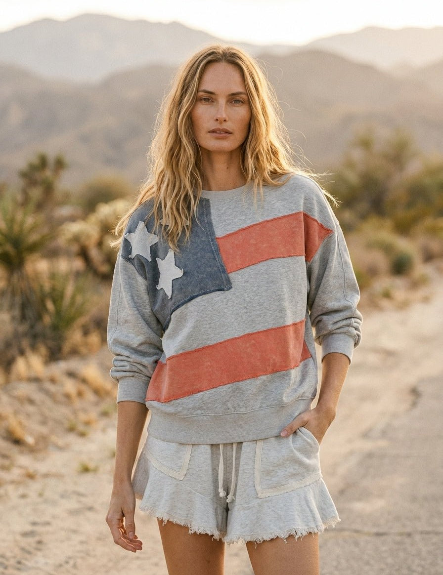 Homegrown American Flag USA Patch Mineral Wash Pullover - Westly