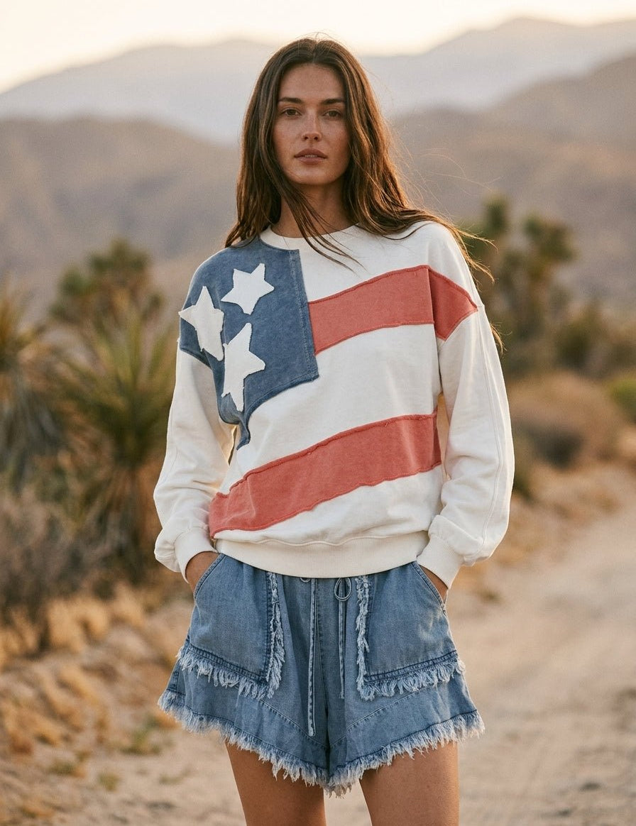 Homegrown American Flag USA Patch Mineral Wash Pullover - Westly