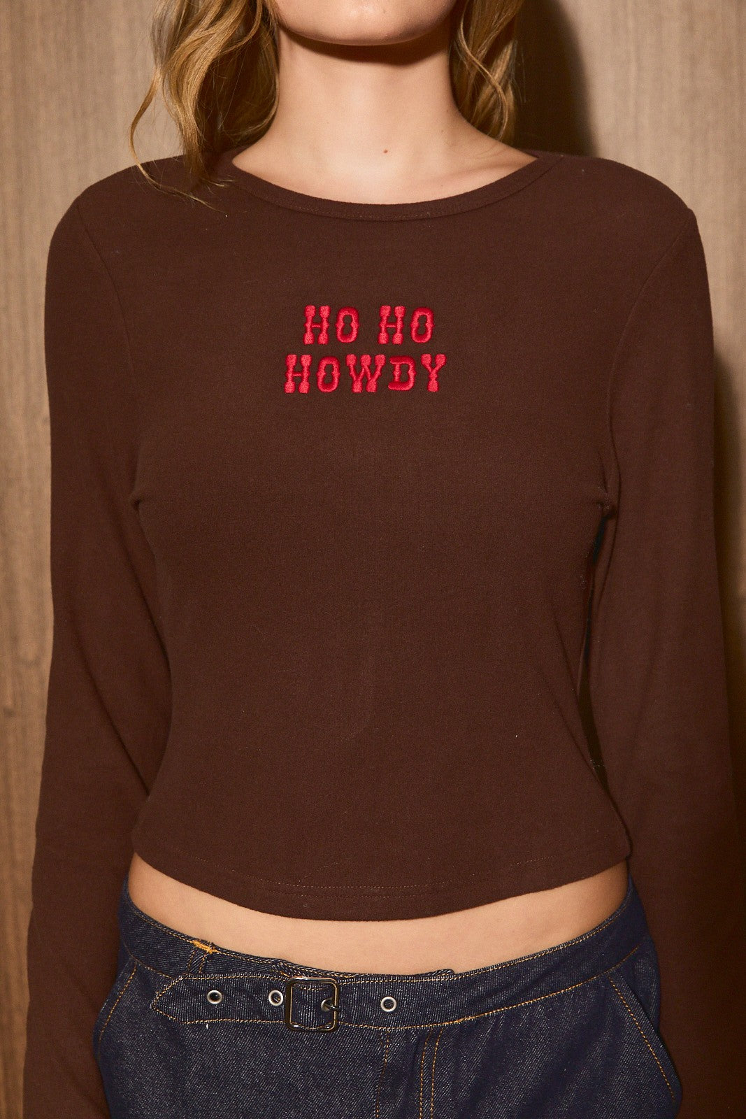 Howdy Holidays Embroidered Rib Knit Top in Brown — product photo 06