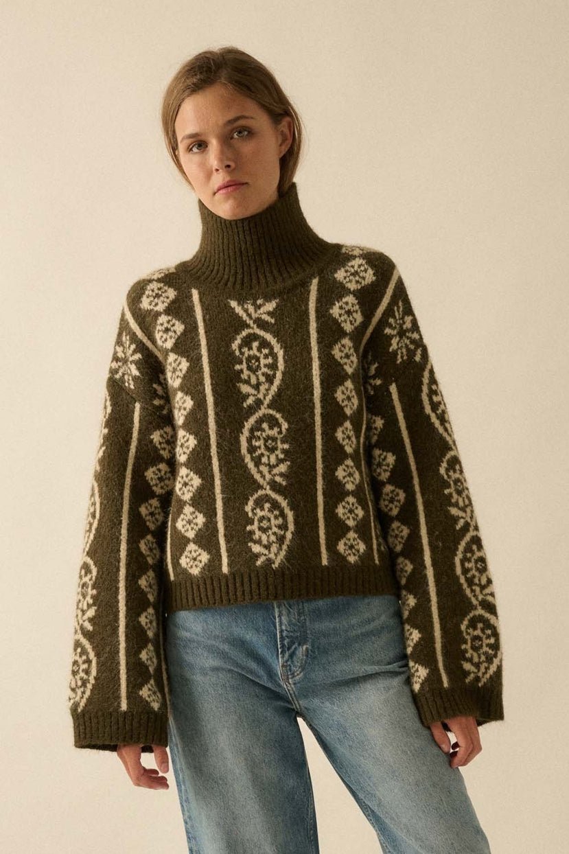 Idyllwild Abstract Jacquard Fuzzy Mock-Neck Sweater - Westly