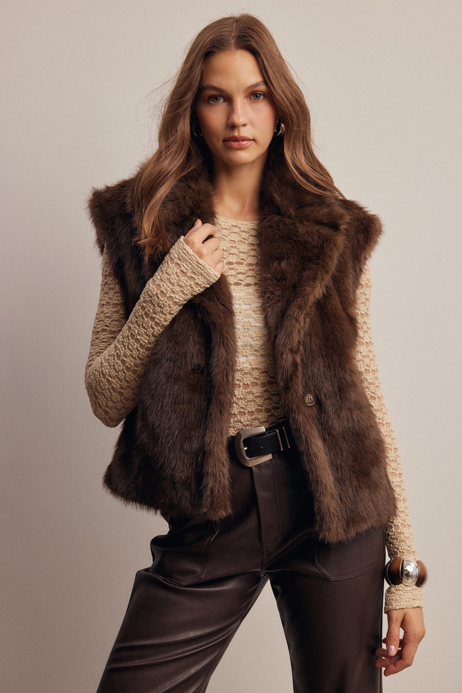 Inverness Collared Faux Fur Vest in Brown, photo 4