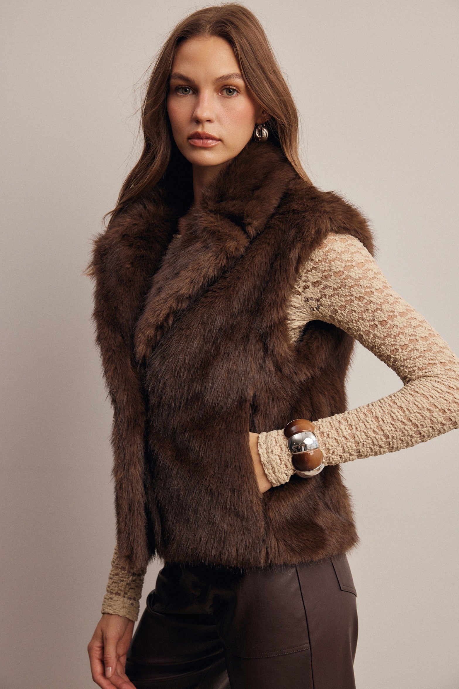 Inverness Collared Faux Fur Vest in Brown, photo 6