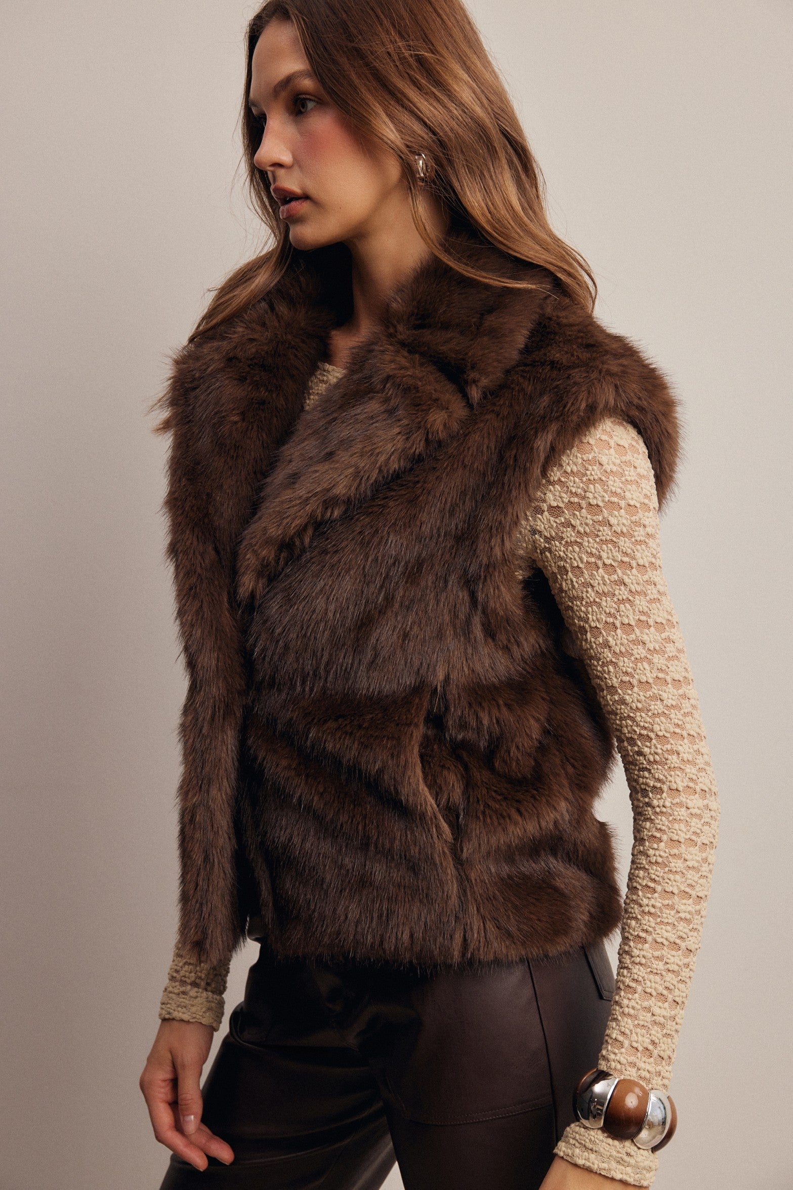 Inverness Collared Faux Fur Vest in Brown, photo 7