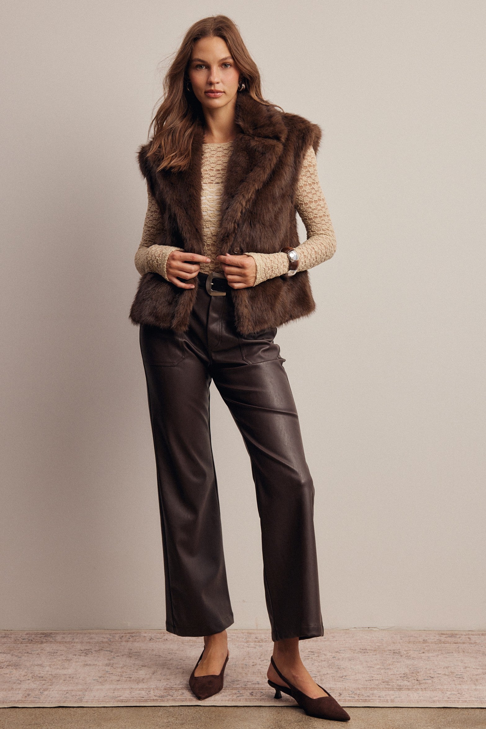Inverness Collared Faux Fur Vest in Brown, photo 11