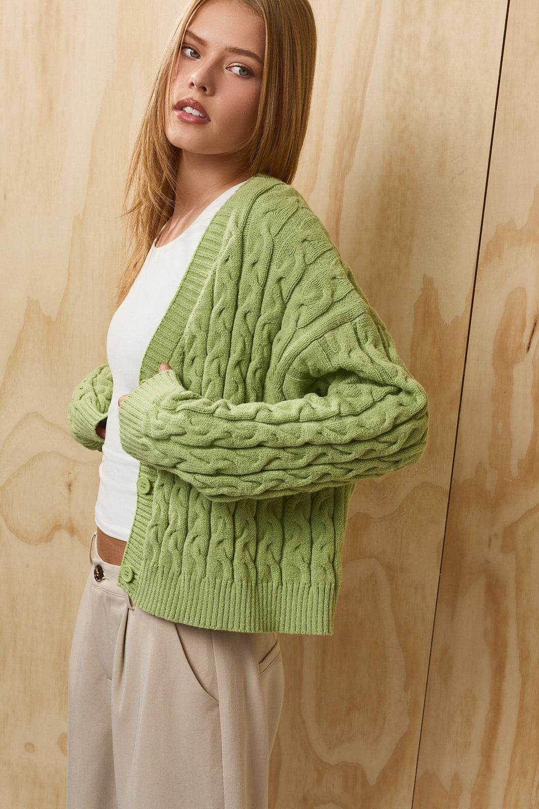 Isolde Cable Knit Cardigan - Light Green