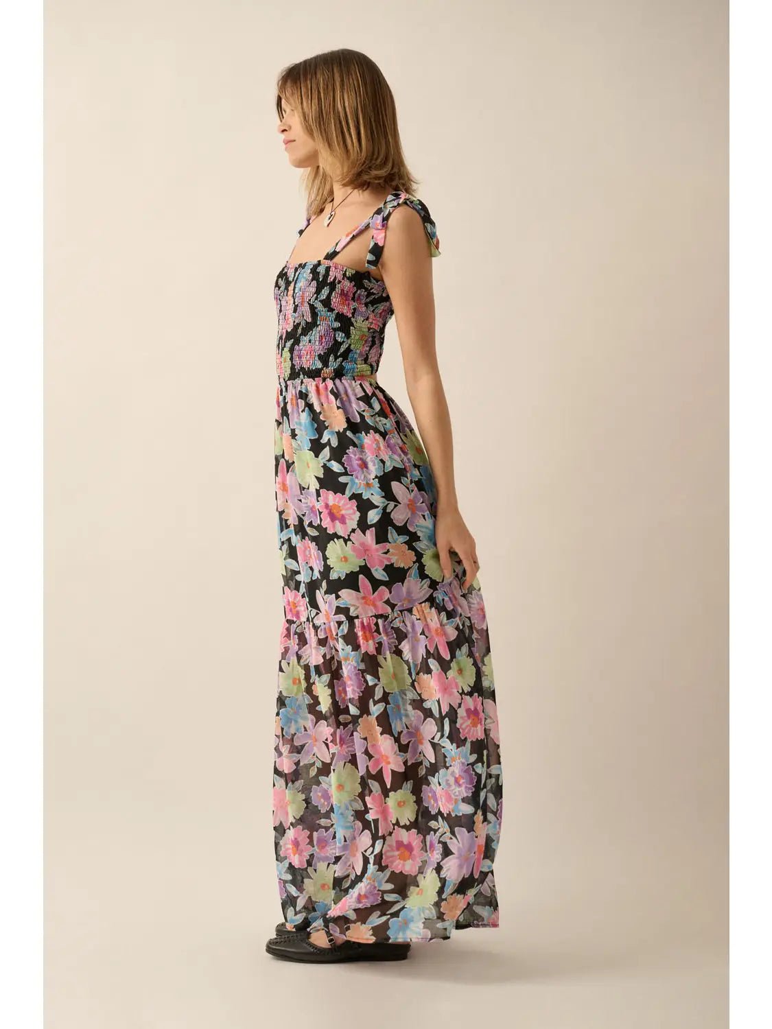 Ivy Floral Smocked Crisscross - Back Chiffon Maxi Dress - Westly