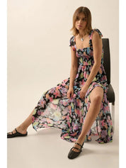 Ivy Floral Smocked Crisscross - Back Chiffon Maxi Dress - Westly