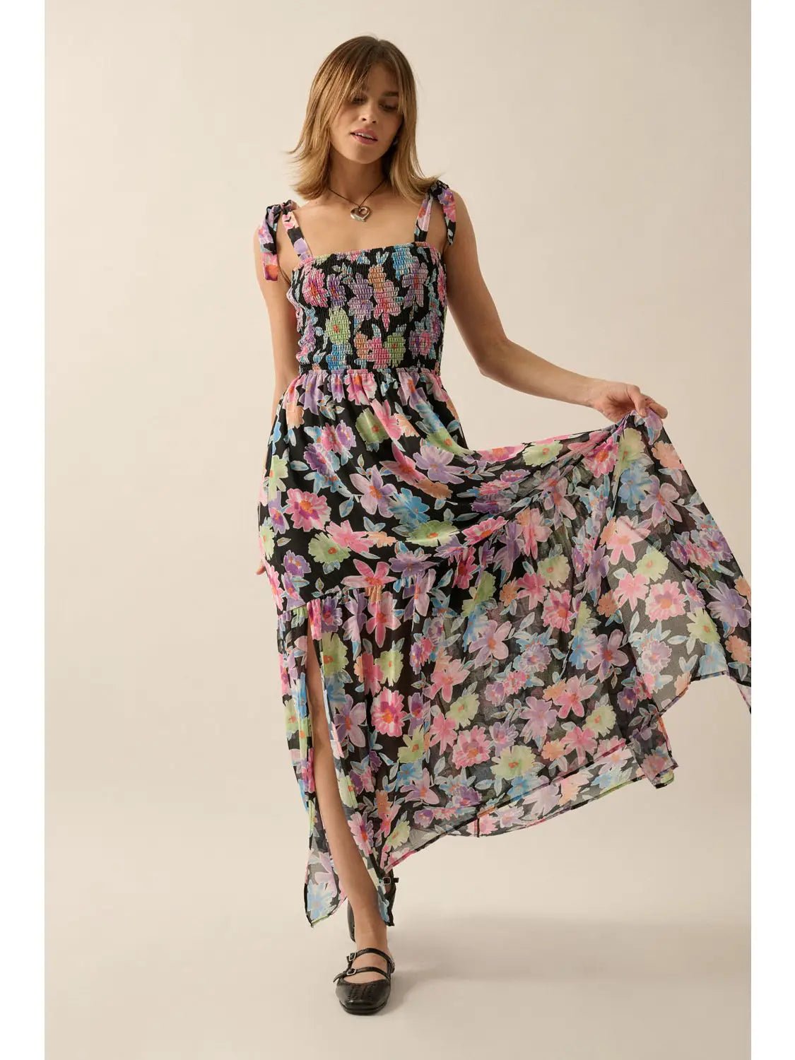 Ivy Floral Smocked Crisscross - Back Chiffon Maxi Dress - Westly