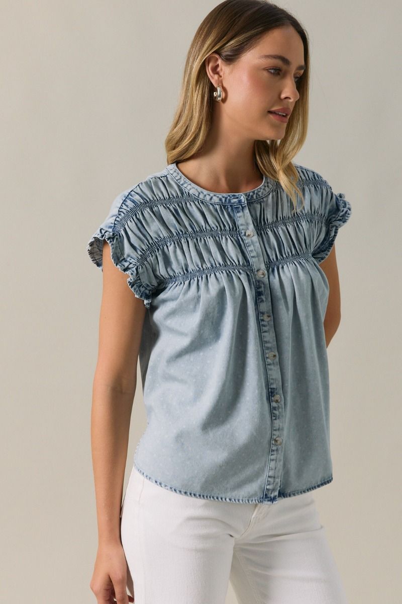 Jade Smocked Polka Dot Denim Button - Up Shirt - Westly