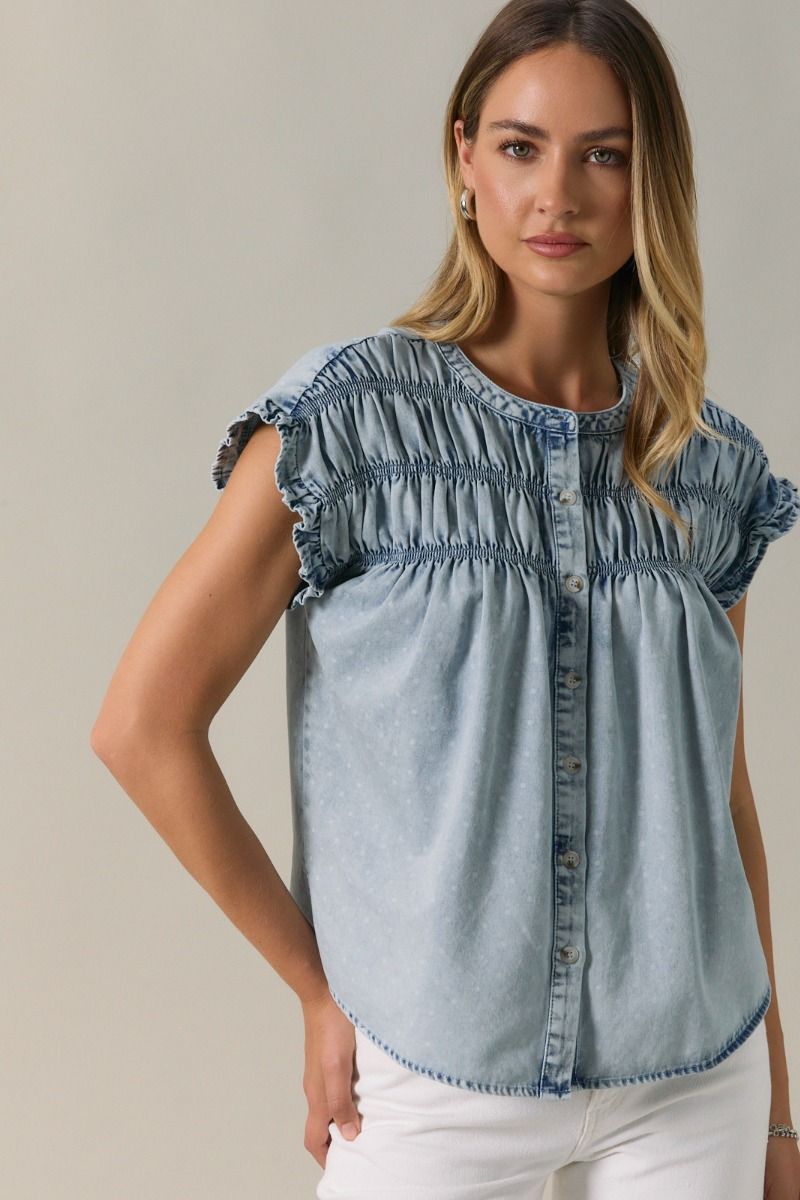 Jade Smocked Polka Dot Denim Button - Up Shirt - Westly