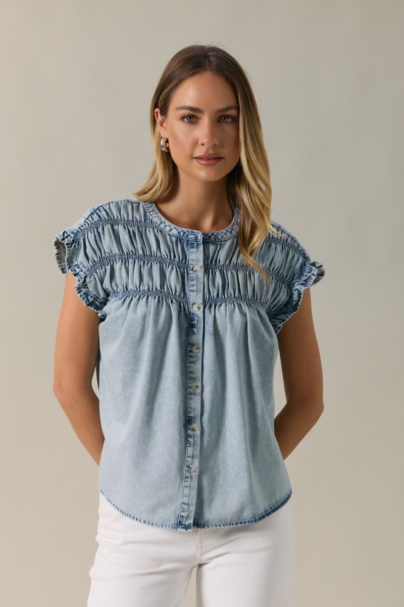 Jade Smocked Polka Dot Denim Button - Up Shirt - Westly