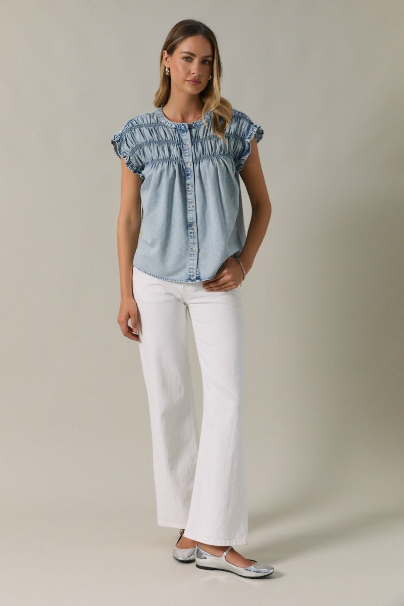 Jade Smocked Polka Dot Denim Button - Up Shirt - Westly