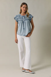 Jade Smocked Polka Dot Denim Button - Up Shirt - Westly