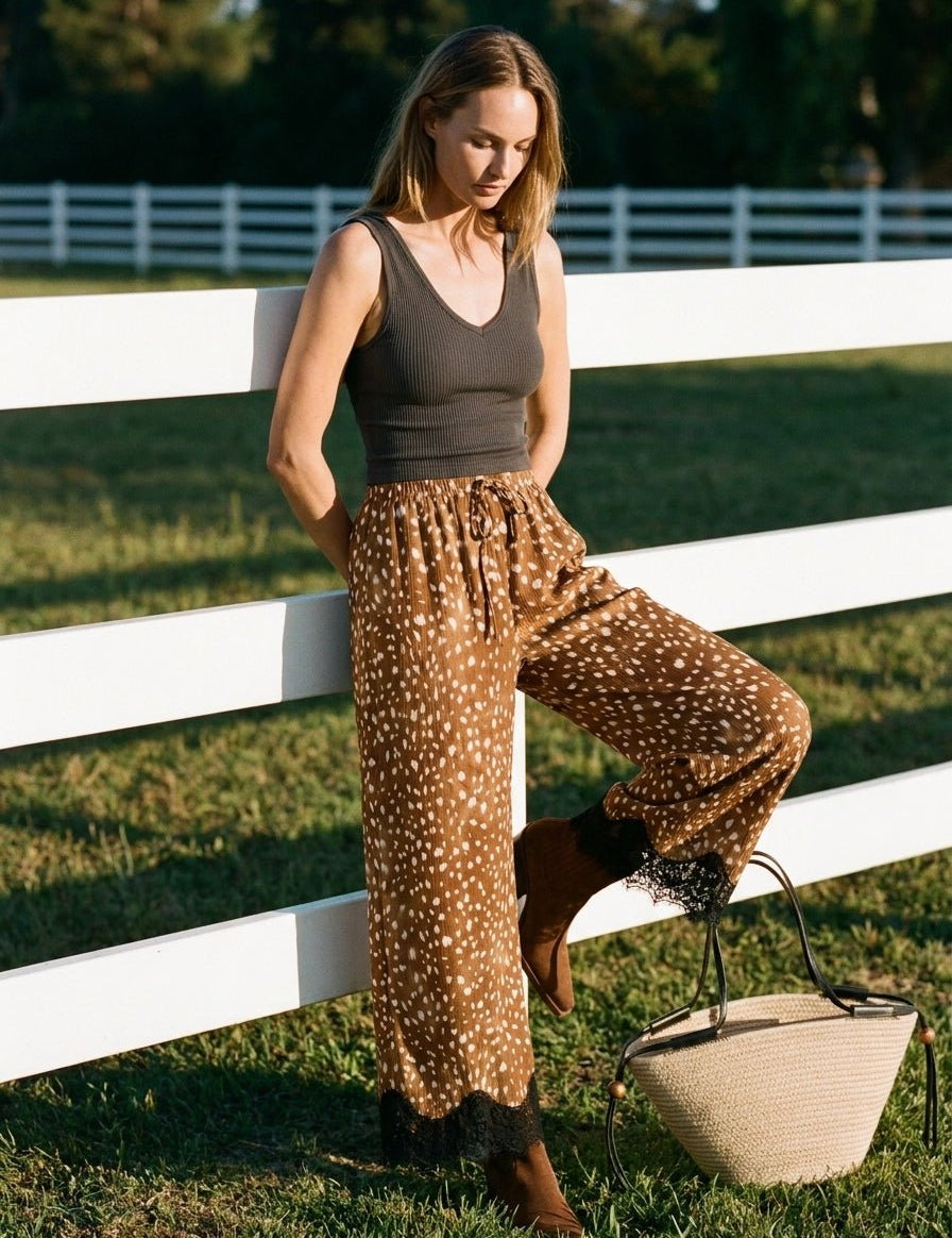 Janie Deer Print Plisse Wide Leg Pants - Westly