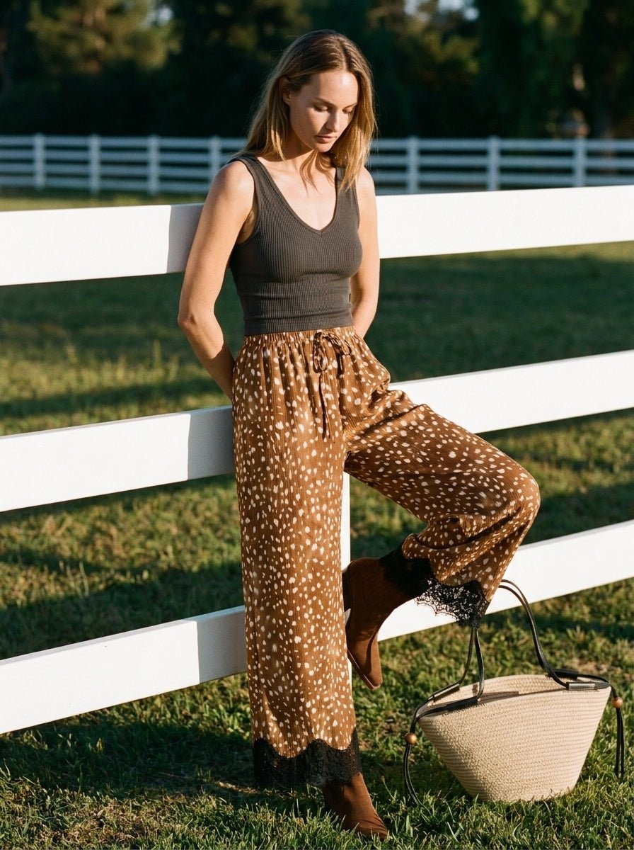 Janie Deer Print Plisse Wide Leg Pants - Westly