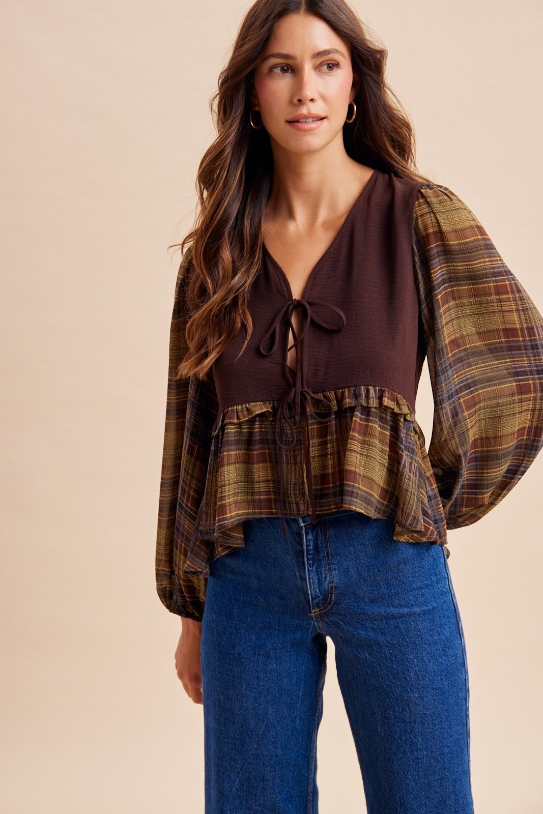 Janus Contrast Plaid Sleeve Tie-Front Blouse - Westly