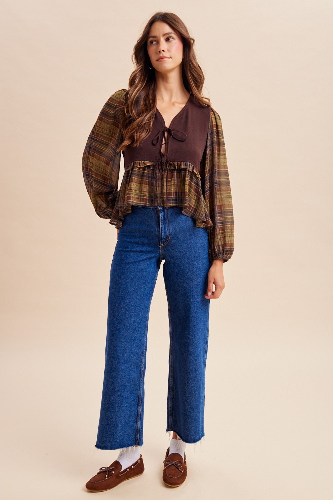 Janus Contrast Plaid Sleeve Tie-Front Blouse - Westly