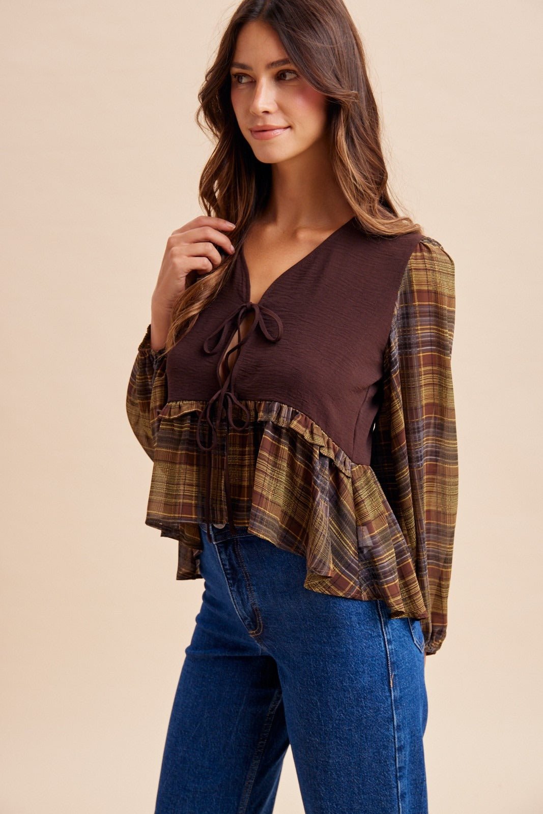 Janus Contrast Plaid Sleeve Tie-Front Blouse - Westly
