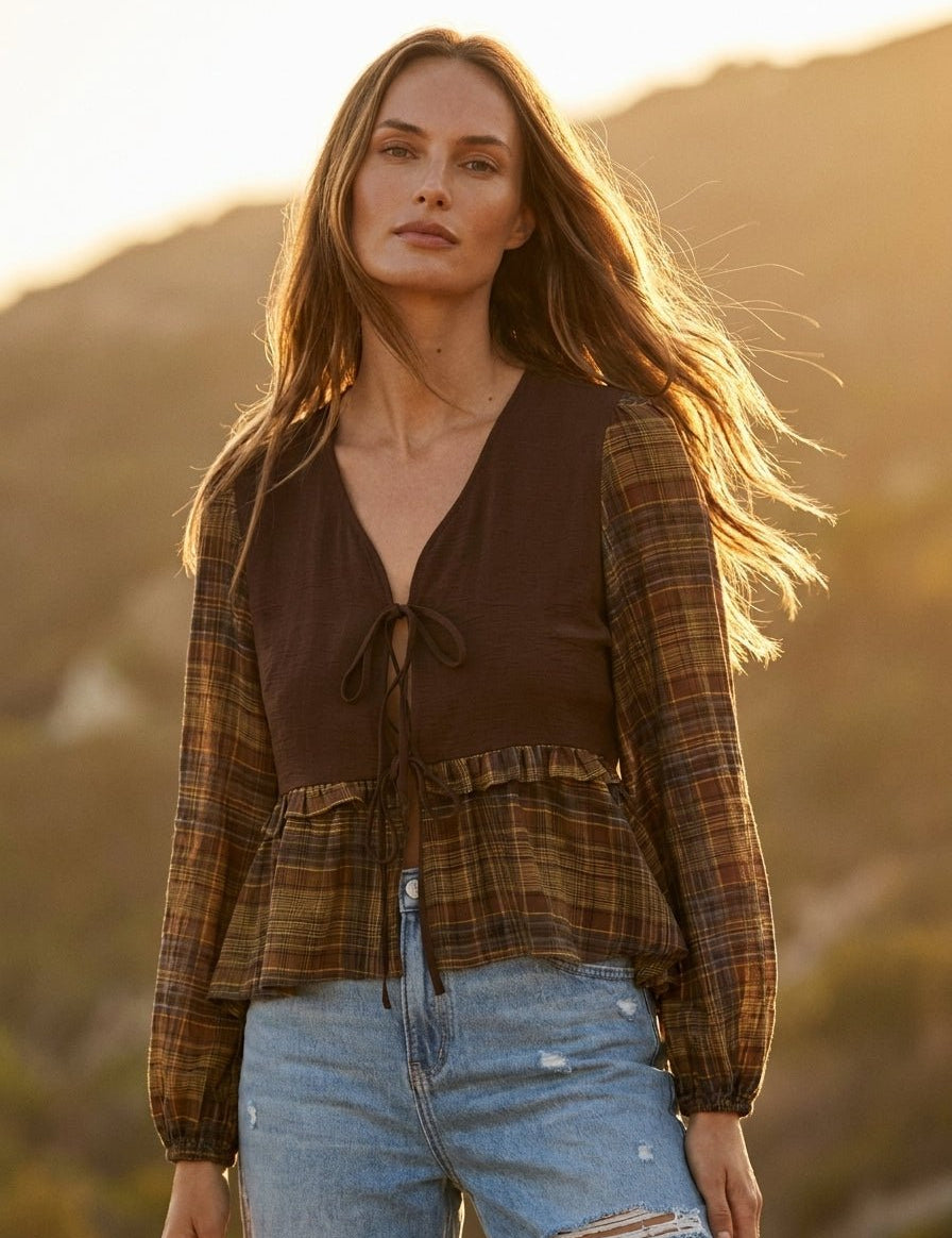 Janus Contrast Plaid Sleeve Tie-Front Blouse - Westly