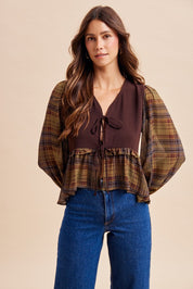 Janus Contrast Plaid Sleeve Tie-Front Blouse - Westly