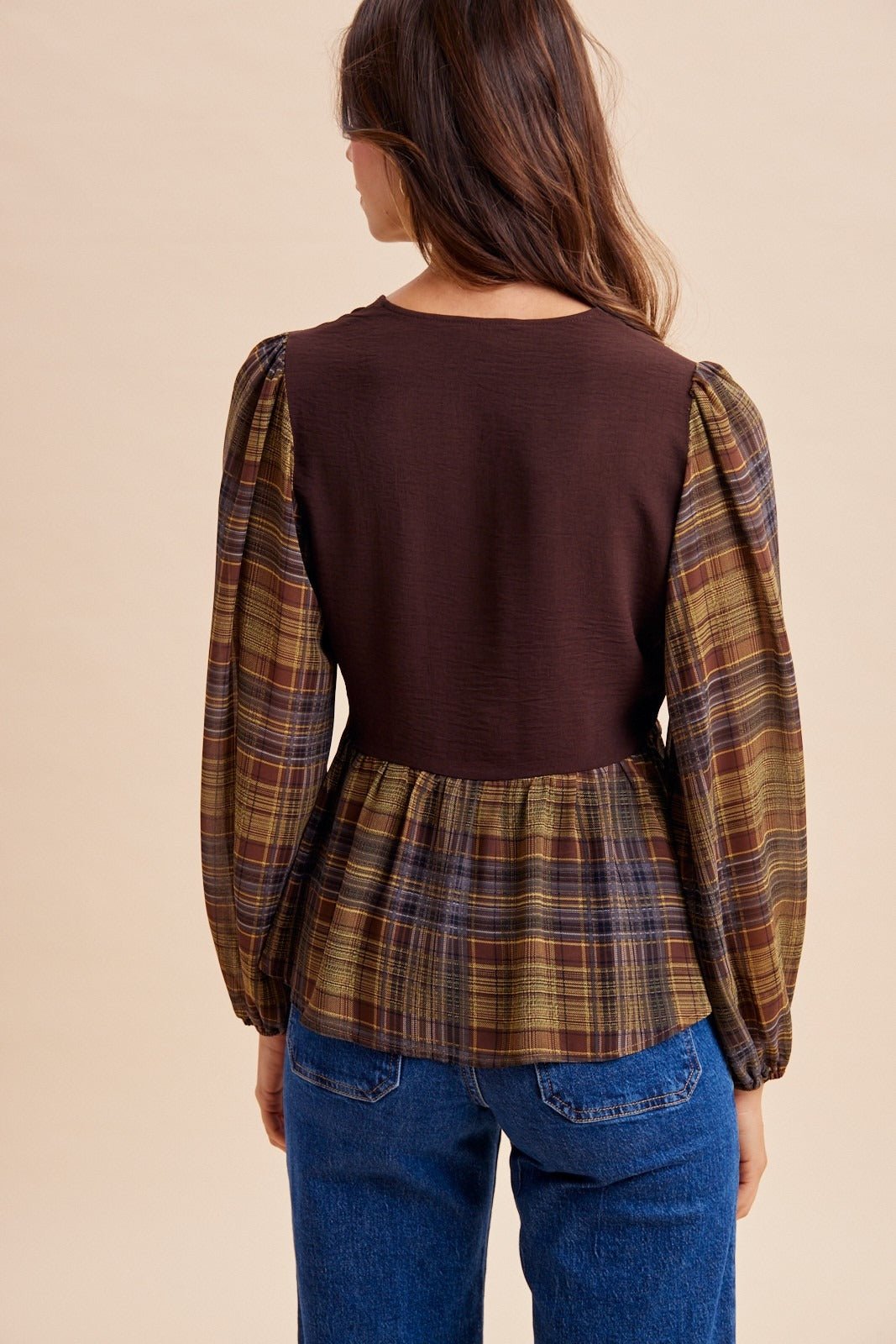 Janus Contrast Plaid Sleeve Tie-Front Blouse - Westly