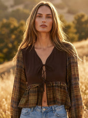 Janus Contrast Plaid Sleeve Tie-Front Blouse - Westly