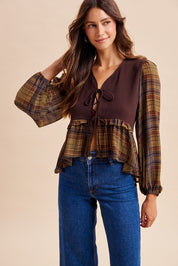 Janus Contrast Plaid Sleeve Tie-Front Blouse - Westly