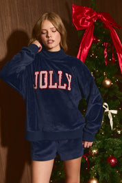 Jolly Hour Velvet Mock Neck Sweatshirt in Navy — product photo 03