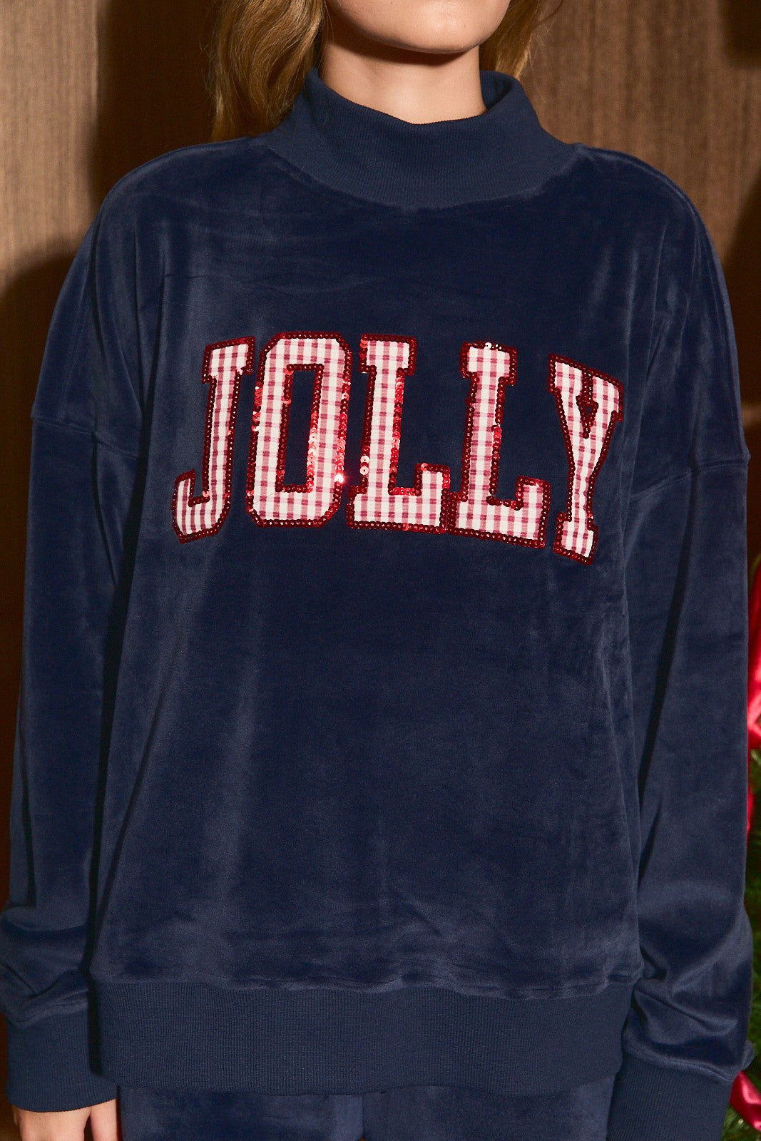 Jolly Hour Velvet Mock Neck Sweatshirt in Navy — product photo 06