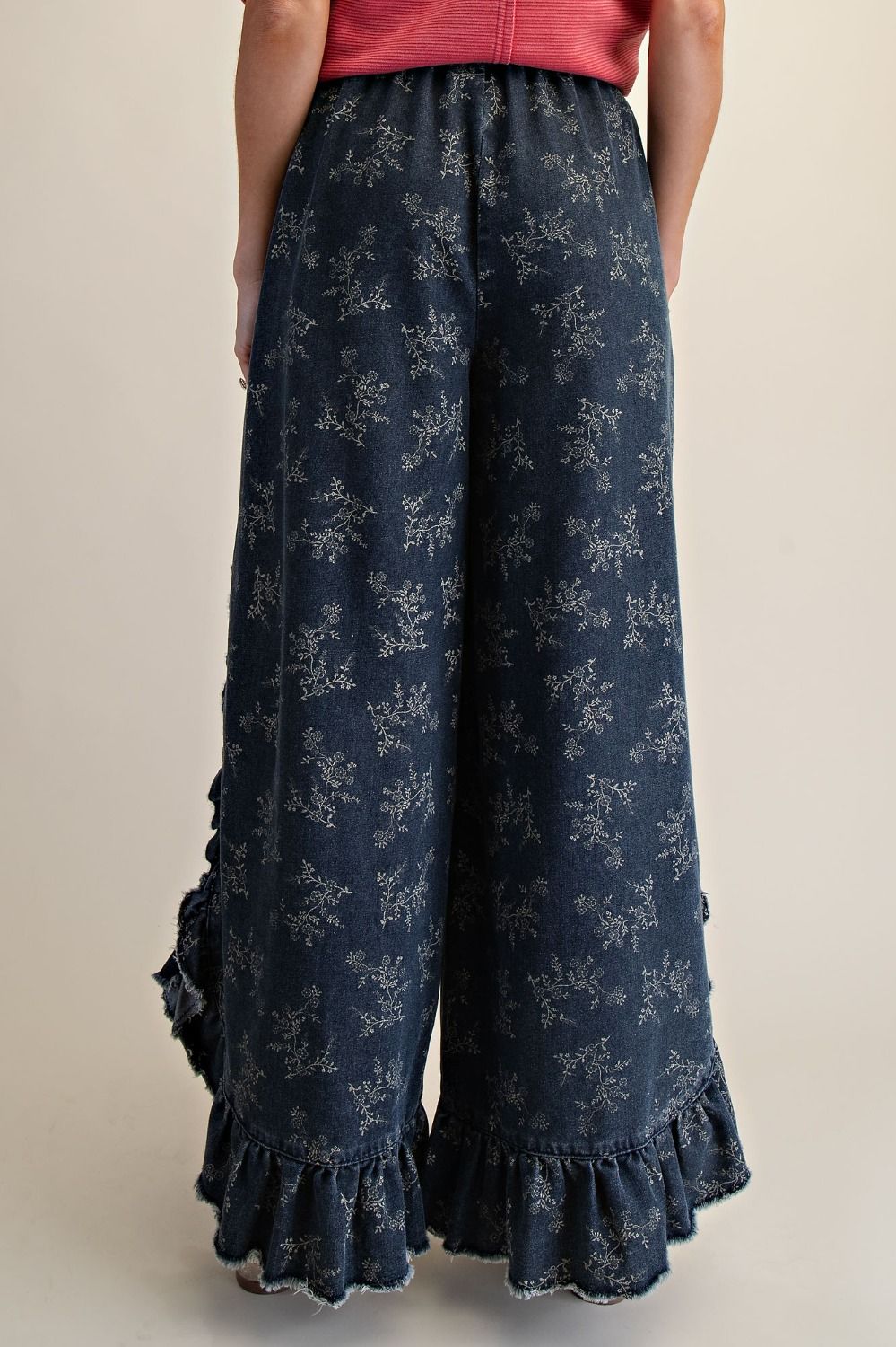 Josie Floral Print Washed Denim Palazzo Pants - Westly