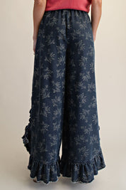 Josie Floral Print Washed Denim Palazzo Pants - Westly