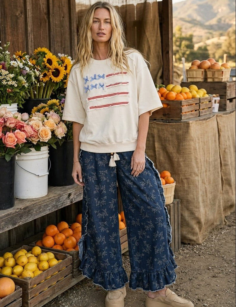 Josie Floral Print Washed Denim Palazzo Pants - Westly