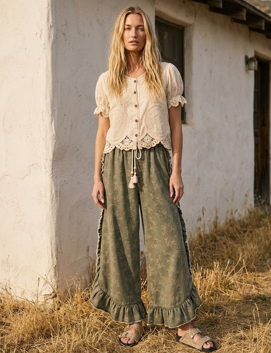 Josie Floral Print Washed Denim Palazzo Pants - Westly