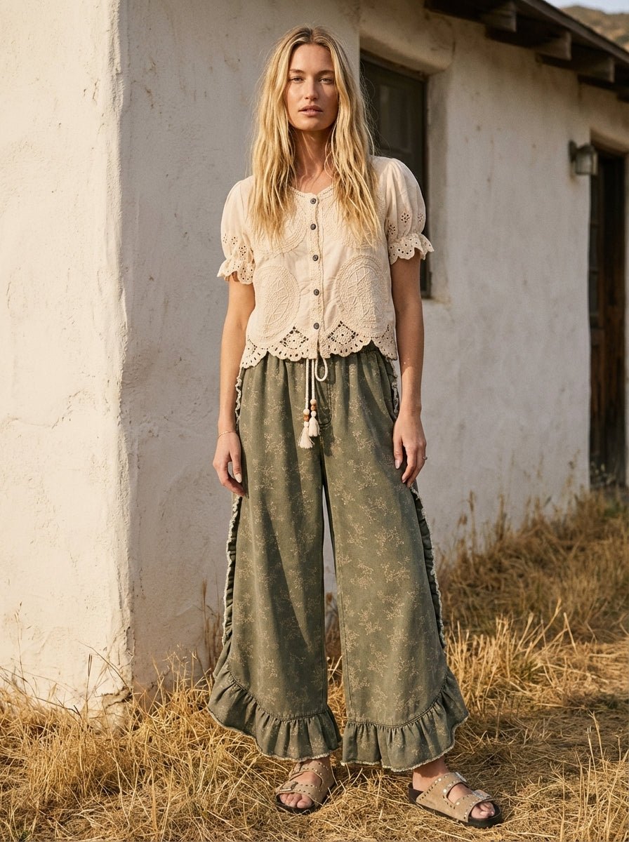 Josie Floral Print Washed Denim Palazzo Pants - Westly