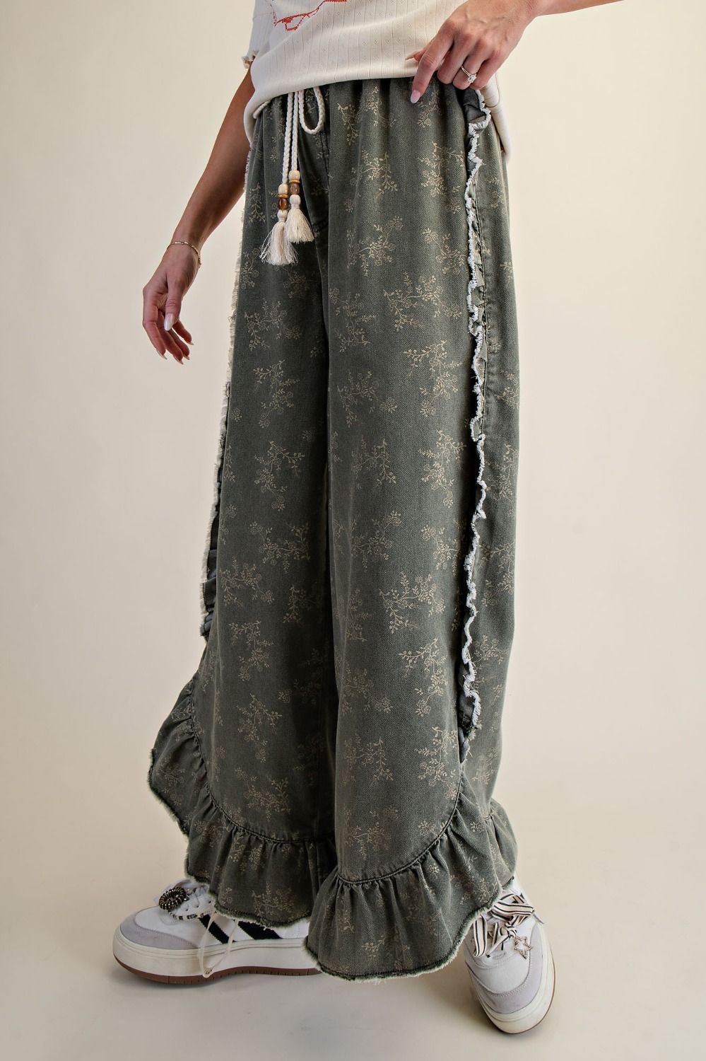 Josie Floral Print Washed Denim Palazzo Pants - Westly