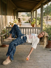 Josie Floral Print Washed Denim Palazzo Pants - Westly