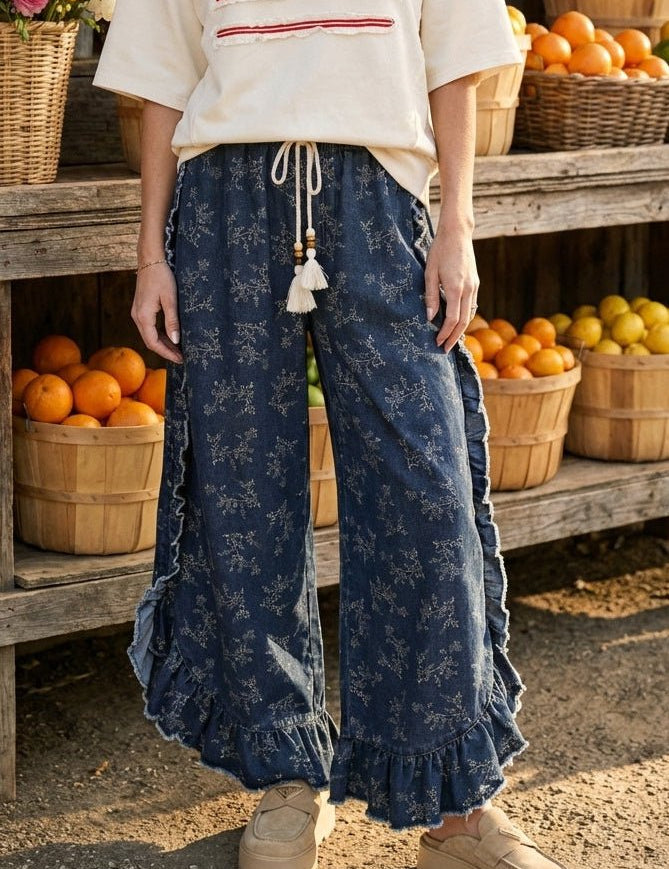 Josie Floral Print Washed Denim Palazzo Pants - Westly