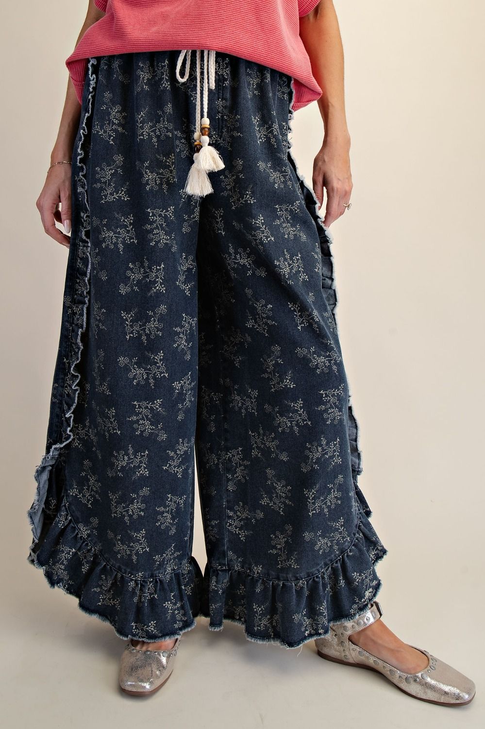 Josie Floral Print Washed Denim Palazzo Pants - Westly
