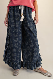 Josie Floral Print Washed Denim Palazzo Pants - Westly