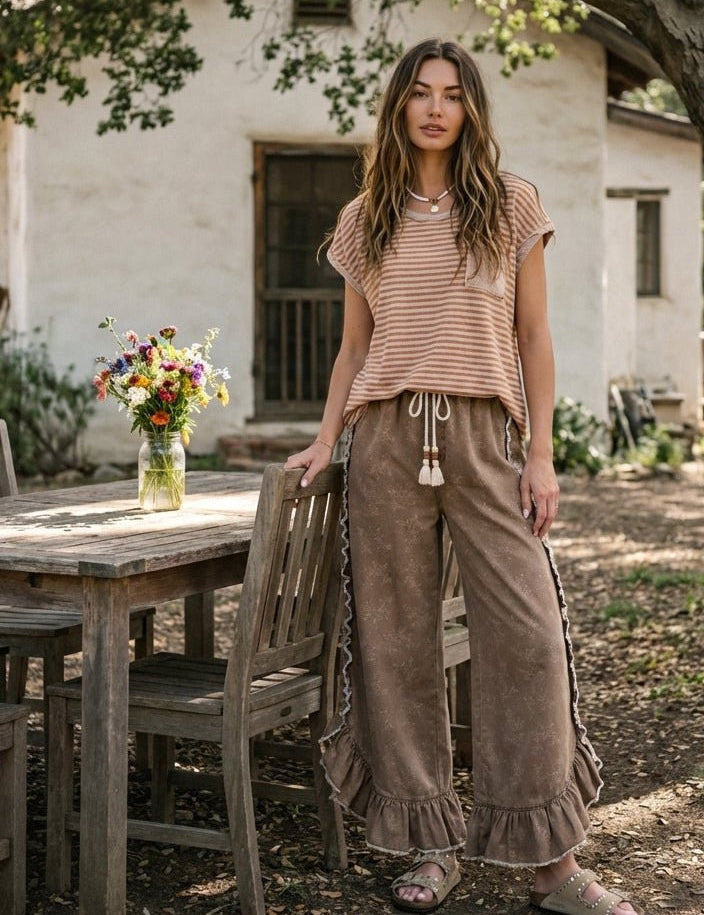Josie Floral Print Washed Denim Palazzo Pants - Westly