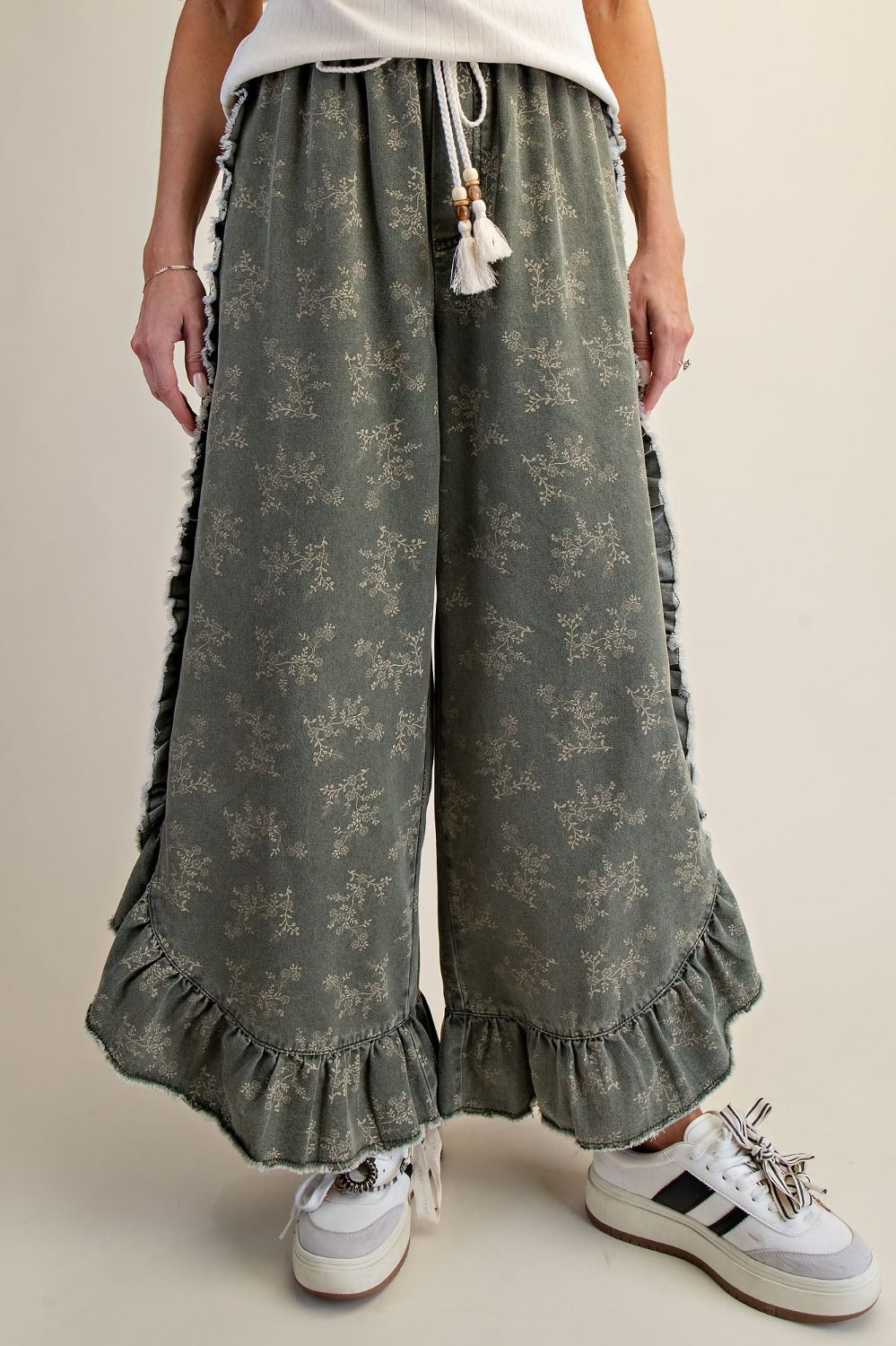 Josie Floral Print Washed Denim Palazzo Pants - Westly